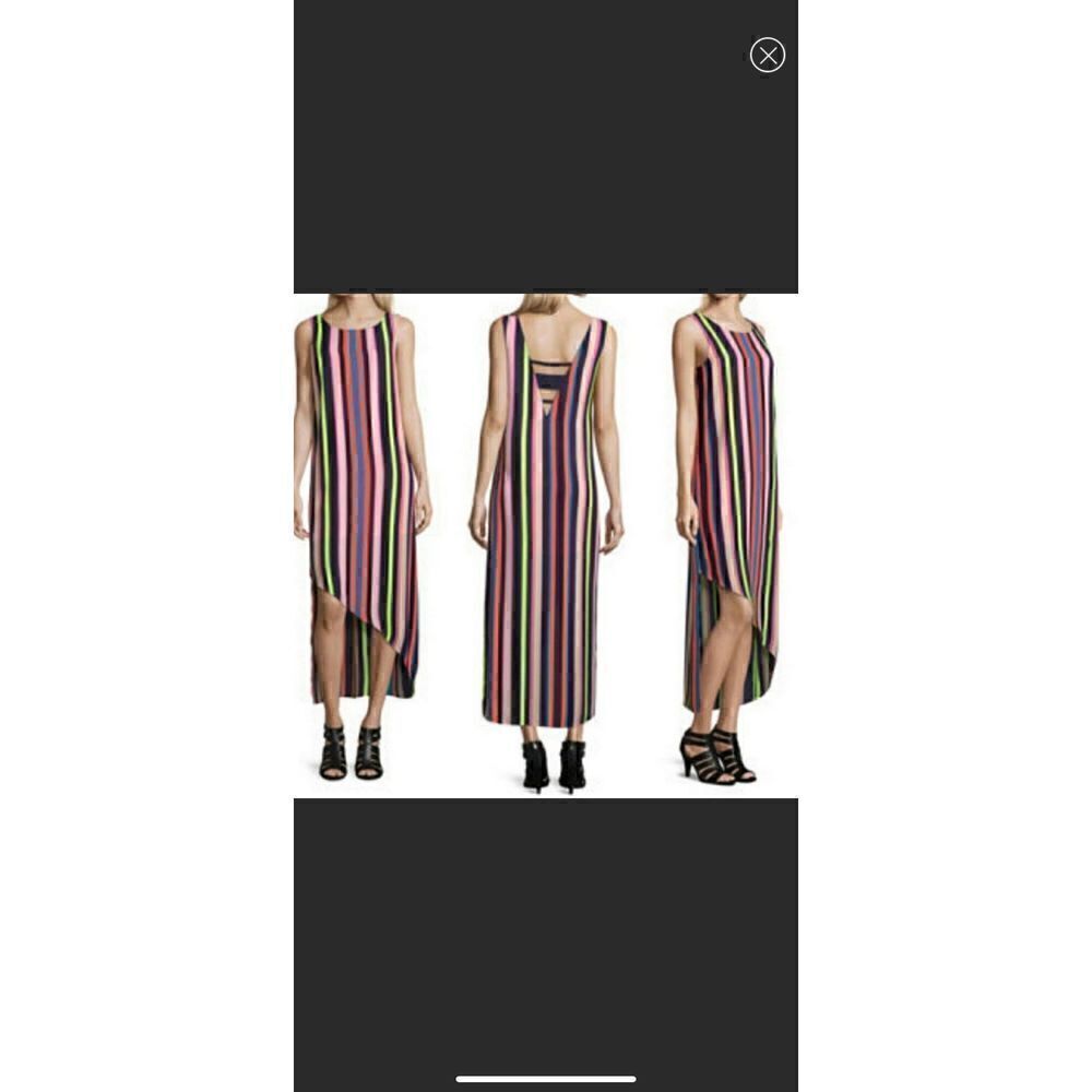 Project Runway Small Sleeveless Maxi Dress Neon Stripes. Asymmetrical Hem. (k1)